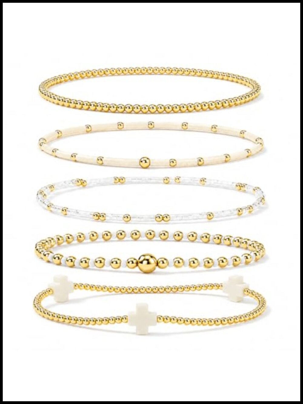 5 Piece 14K Gold Plated Beaded Bracelet Stack Set for Women